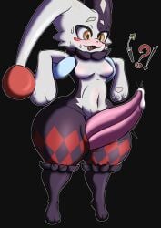 2026 anthro big_penis chillet diamond_(marking) dupin_(pal) female genitals hi_res humanoid imminent_sex jester lagomorph mammal markings pal_(species) palmorph palworld penis pocketpair shortstack shortstack_female size_difference solo theclaysatan