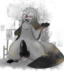 absurd_res balls black_penis bodily_fluids calico_pattern copper_(cum) ears_down erection eyewear feet fur genital_fluids genitals glasses grey_body grey_fur hi_res knot l3st male markings one_eye_closed open_mouth penis pivoted_ears precum rain_world semi-anthro slugcat solo tail toes videocult wearing_glasses white_eyes