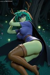 1girl ai_generated ass belt boots breasts brown_footwear cape forest gloves grass green_eyes green_hair hi_res high_quality high_resolution large_breasts looking_at_viewer nature outdoors patreon patreon_username seductive sexy short_hair smile solo spicytoonai thigh_boots thighhighs tree uncensored watermark web_address