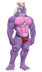 abs anthro beard biceps bulge clothing detailed_bulge dragon eyebrows facial_hair grey_beard grey_facial_hair grey_hair hair hi_res jabuhusky male muscular muscular_anthro muscular_male mythological_creature mythological_scalie mythology navel pecs pubes purple_body red_eyes scalie shou_ronpo solo uchu_sentai_kyuranger underwear