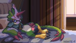 16:9 animated anthro aviator_glasses balls bandai_namco bed bedroom bedroom_sex claws detailed_background digimon digimon_(species) digital_media_(artwork) erection eyewear feathers feet frame_by_frame furniture genitals glasses green_body green_feathers hand_on_penis hi_res horn inside lying lying_on_bed male mask masturbation nante-p nude_anthro on_back on_bed penile penile_masturbation penis pink_penis pixel_(artwork) pixel_animation presenting presenting_balls presenting_penis pteromon scarf solo stroking_penis talons toes widescreen window