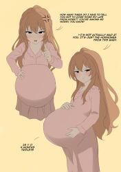 1girls aisaka_taiga angry big_belly bloated_belly brown_eyes brown_hair canon_pregnancy clothed clothing female female_only flat_chest heavily_pregnant long_hair petite pout pregnant pregnant_with_multiples ready_to_pop sarawa_kotoku toradora! triplets tsundere