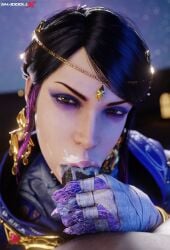 3d 3d_(artwork) 3d_model 3d_render blowjob blowjob_face blowjob_only cum cum_in_mouth grabbing_penis high_resolution highres interracial looking_at_viewer oral oral_sex semen_in_mouth shaddoll_x tekken tekken_8 zafina_(tekken)