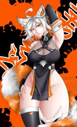 animal_ears armpits arms_up big_breasts big_tail demenishki earring fluffy_tail fully_clothed hourglass_figure indie_virtual_youtuber orange_hair purple_eyes rings self_upload short_hair thick_thighs vtuber white_hair