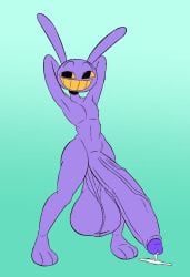 anthro balls big_balls big_penis black_eyes bodily_fluids camimiwitch cum cum_on_ground genital_fluids genital_raphe genitals glans glitch_productions gradient_background green_background half-erect hands_behind_head hi_res huge_balls huge_penis hyper hyper_balls hyper_genitalia hyper_penis jax_(tadc) lagomorph leporid looking_at_viewer male mammal nude penis purple_body purple_glans rabbit raphe_(anatomy) scrotal_raphe simple_background smile solo teeth the_amazing_digital_circus vein veiny_penis yellow_sclera yellow_teeth