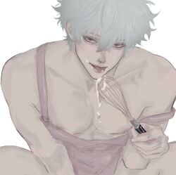 apron cream gintama gintoki_sakata male male_only naked_apron nipple_slip nipples off_shoulder pale-skinned_male pale_skin pecs red_eyes sexually_suggestive smile solo suggestive_fluid tongue_out upper_body whisk white_hair
