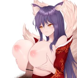 :d ahri animal_ears areolae bar_censor bare_shoulders blush breast_grab breasts censored cute_fang eyebrows_visible_through_hair fox_ears fox_girl fox_tail gbsn grabbing half-closed_eyes highres korean_clothes large_breasts league_of_legends long_hair nipples open_mouth paizuri penis pointless_censoring pubic_hair sex simple_background smile straight tail whisker_markings white_background yellow_eyes