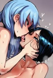 ai_generated assassination_classroom bare_shoulders blue_eyes blue_hair blush collarbone dominant_male drool eye_contact face_grab grabbing_face hair_down half-closed_eyes heart incest kiss kissing long_hair mother_and_son shiota_hiromi shiota_nagisa submissive submissive_female tongue tongue_kiss