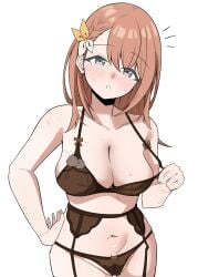 1girls big_breasts blush bra breasts female hanasato_minori lingerie looking_at_viewer panties project_sekai solo sweat uwuasa