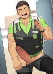1boy balls biceps big_glans big_penis blush brand_name_imitation brown_hair closed_eyes collarbone dark_penis erection exhibitionism foreskin_folds freaky frenulum front_door gay gondom hair_on_penis hi_res huge_cock laugh legs_apart long_penis male male_only mature_male muscles muscular muscular_arms muscular_male open_door original original_character pants_down penis penis_bigger_than_head pubic_hair red_glans retracted_foreskin shameless short_hair solo standing thick_penis uncensored veiny_penis wristwatch yaoi