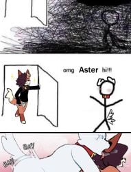 anthro brown_hair canid canine choker comic dialogue duo english_text femboy fluffy_ears fox from_behind_position fur generic_character hair hi_res jewelry male male/male mammal meme necklace omg_hi! piercing plap_(sound) sex shitpost smug smug_face sparkles starlit_aster text white_body white_fur your_name