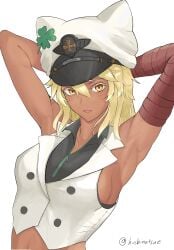armpits arms_behind_back arms_up blonde_hair blushing blushing_at_viewer dark-skinned_female guilty_gear guilty_gear_strive guilty_gear_xrd hazel_eyes hoshinatsue looking_at_viewer ramlethal_valentine showing_off shy shy_expression