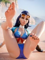 1girls 3d 3d_(artwork) alternate_version_available amelie_lacroix barefoot beach beach_background blender blizzard_entertainment bra cote_d'azur_widowmaker dark_blue_hair earrings feet feet_up female female_focus female_only french french_female hi_res high_resolution highres lewdrex light-skinned_female light_skin looking_at_viewer overwatch panties ponytail presenting showing_off sitting smile smiling soles submissive_female sunglasses watermark widowmaker yellow_eyes