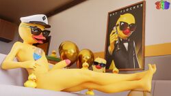 3d_(artwork) absurd_res anatid anseriform anthro avian balloon bird clothing cluster_(fortnite) container cup digital_media_(artwork) drinking_glass duck epic_games eyewear feet_up fortnite genitals glass glass_container glass_cup hat headgear headwear hi_res inflatable inside male painting_(object) peaked_cap penis shachath3d slurp_juice solo sunglasses throbbing throbbing_penis wine_glass