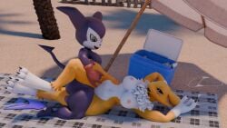 bandai_namco beach big_breasts breasts daemont92 digimon digimon_(species) digimon_tamers female_fox fox imp impmon naked naked_female naked_male nude pretzel_position renamon sex sex_on_the_beach thigh_grab vixen