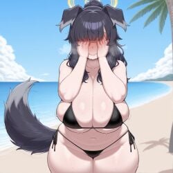 1girls ai_generated beach bikini black_bikini black_hair blue_archive blush dog_ears dog_girl dog_tail embarrassed generic_ai_slop halo hands_on_own_cheeks hands_on_own_face hands_over_eyes hibiki_(blue_archive) huge_breasts solo steam sweat thick_thighs