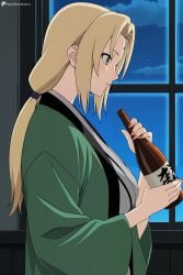 1girl ai_generated blonde_hair bottle breasts brown_eyes cloud digitalwaifugallery facial_mark forehead_mark from_side grey_kimono haori hi_res high_quality high_resolution holding holding_bottle indoors japanese_clothes kimono large_breasts long_hair mature_female naruto_(series) night night_sky patreon profile sake_bottle seductive sexy sky solo star_(sky) starry_sky tsunade twitter_username uncensored upper_body watermark window