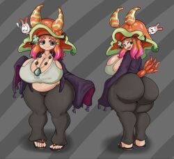 belly blushing cleavage craymond_(splatoon) fat_ass female female_focus flow_(splatoon) ghostlyshroom green_eyes huge_ass huge_breasts looking_at_viewer looking_back nintendo sandals sea_slug sea_slug_girl shrimp simple_background slugshroom splatoon splatoon_(series) splatoon_2 tank_top thick_thighs wide_hips