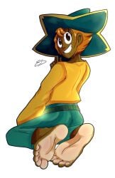 1girls androgynous androgynous_female barefoot blonde_hair dark-skinned_female feet_together female foot_fetish foot_tease green_pants looking_back shoes_removed sitting smiling soles spiritfarer stella_(spiritfarer) thunder_lotus_games tomboy transparent_background witch_hat yellow_sweater