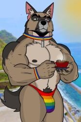 2025 anthro anthrofied areola barely_visible_genitalia barely_visible_penis beverage biped black_nipples bracelet brown_body brown_fur brutus_(pixie_and_brutus) bulge canid canine canis clothing coffee_mug collar container cup detailed_bulge domestic_dog eye_scar facial_scar fur fur_markings genitals german_shepherd grey_body grey_fur half-closed_eyes herding_dog hi_res holding_beverage holding_object ivan_the_artist jewelry lgbt_pride looking_at_viewer male male_anthro mammal markings mixed_media multicolored_body multicolored_clothing multicolored_fur multicolored_underwear muscular muscular_anthro muscular_male narrowed_eyes nipples outside pastoral_dog pecs penis penis_base photo_background photography_(artwork) pixie_and_brutus pubes rainbow_clothing scar six-stripe_rainbow_pride_colors solo standing tea_cup underwear