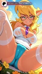 1girl 1girls 2026 ai_generated artist_name blonde_hair boobs breasts bust callie_briggs chest coin day electroworld eyebrows_visible_through_hair flower flower_field hi_res high_quality high_resolution highres legs_apart legs_spread lemon lemon_slice long_hair open_legs orange_flower patreon patreon_username see-through smile solo splayed_legs spread_legs stable_diffusion sunflower swat_kats tan tanlines thighhighs tits watermark wet wet_clothes white_legwear yellow_flower