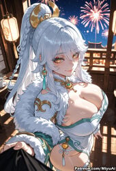1girl ai_assisted ai_generated architecture bangs blush braid breasts cleavage curvaceous curvy curvy_female curvy_figure dress eyebrows_visible_through_hair female fireworks fur_collar fur_trim genshin_impact hair_between_eyes hair_ornament jewelry lantern large_breasts long_hair looking_at_viewer miyuai night outdoors ponytail silver_hair sky smile thick thick_ass thick_butt thick_hips thick_legs thick_thighs thighs very_long_hair voluptuous voluptuous_female wide_hips wide_thighs yellow_eyes zibai_(genshin_impact)