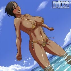beach bikini blush chain_bikini chain_clothing dark-skinned_female dark_hair dark_skin dead_or_alive dead_or_alive_xtreme_beach_volleyball female female_focus gold_chain gold_chains hi_res highres jewelry jewelry_on_nipples jewerly_bikini lisa_hamilton micro_bikini solo usatarou venus_bikini
