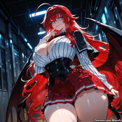 1girl ahoge ai_assisted ai_generated bangs blue_eyes blush breasts cleavage curvaceous curvy curvy_female curvy_figure demon_wings eyebrows_visible_through_hair female high-waist_skirt high_school_dxd huge_ahoge huge_breasts long_hair long_sleeves looking_at_viewer miyuai patreon_logo pleated_skirt red_hair rias_gremory skirt smile solo thick thick_ass thick_butt thick_hips thick_legs thick_thighs thighhighs thighs voluptuous voluptuous_female wide_hips wide_thighs wings