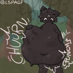 1:1 3_eyes absurd_res anthro balls belly big_belly black_body cl0ne_(jeddy) crunch dialogue digestion eyes_closed felid feline forest genitals goo_creature grass hi_res latex liquid_latex lspagf male mammal multi_eye noisy_belly onomatopoeia penis plant solo sound_effects text tree vore