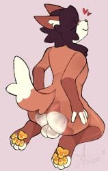 anthro backsack balls big_butt biped brown_hair butt canid canine femboy fox fur genitals hair heart_symbol hi_res kneeling lube_in_ass male male_anthro mammal orange_body orange_fur pawpads rear_view smile solo starlit_aster