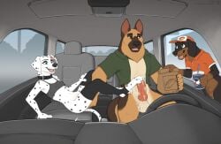 4_toes animal_genitalia animal_penis anthro anthro_on_anthro balls beverage black_nose bodily_fluids bottomless bottomless_anthro bottomless_female bottomless_male brown_body brown_fur canid canine canine_genitalia canine_penis canis car clothed clothing cum dachshund dalmatian domestic_dog erection feet female fingering food foot_fetish foot_play footjob fur genital_fluids genitals german_shepherd group herding_dog hi_res hindpaw hunting_dog jishinu knot knotted_penis male male/female mammal markings pastoral_dog paws penis sex sitting spots spotted_body spotted_fur toes trio vaginal vaginal_fingering vehicle white_body white_fur