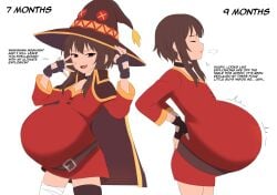 1girls back_pain big_belly bloated_belly brown_hair choker chuunibyou clothed clothing female female_only flat_chest heavily_pregnant heavy_belly kono_subarashii_sekai_ni_shukufuku_wo! konosuba mage megumin petite pregnancy_progression pregnant pregnant_with_multiples quadruplets ready_to_pop red_eyes sarawa_kotoku uncomfortable wizard wizard_hat