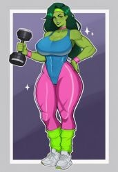 abs aerobics aerobics_clothing big_breasts cameltoe green_skin hereticus huge_breasts leggings legwarmers leotard marvel marvel_comics muscular she-hulk wide_hips wide_thighs workout