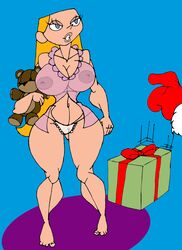 1boy 1girls aged_up bare_shoulders barefoot bimbo blonde_hair blue_eyes caglioro3666 cartoon_network cleavage curvy dee_dee_(dexter's_laboratory) dexter's_laboratory erect_nipples eyelashes eyeshadow female gift gift_box gloves half-closed_eyes hourglass_figure human large_breasts lingerie lipstick long_hair male midriff nipples no_bra open_mouth panties pussy red_gloves santa_claus see-through see-through_panties simple_background solo straight teddy_bear underwear very_long_hair voluptuous wide_hips yellow_hair