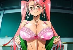 1girl ai_generated blushing breast_focus classroom cleavage collarbone glasses highschool_of_the_dead huge_breasts indoors lace-trimmed_bra looking_at_viewer pink_bra pink_hair removing_clothing saya_takagi school_uniform solo toned_female twintails undressing