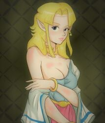 a_link_to_the_past blonde_hair blue_eyes cleavage female off_shoulder princess_zelda solo teasing the_legend_of_zelda