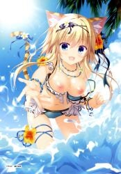 1girl :d absurdres animal_ear_fluff animal_ears bead_bracelet beads bikini blonde_hair blue_bikini blue_eyes blue_sky blush bow bracelet breasts cameltoe cat_ears cat_girl cat_tail cleavage cloud collarbone day dengeki_moeou fang floating_hair flower flower_thigh_strap frilled_bikini frills hair_bow hair_flower hair_ornament happy hibiscus highres jewelry leaning_forward leg_ribbon long_hair looking_at_viewer medium_breasts multicolored_flower navel neko-nin_exheart neko-nin_exheart_2 nekokai_ritsu nipples open_mouth outdoors outstretched_arm ribbon sky smile solo sparkle splashing sun sunlight swimsuit tail tail_flower tail_ornament tail_raised takano_yuki tree wading wardrobe_malfunction water water_drop wet white_flower yellow_flower