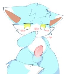 2025 anthro balls bashful biped blue_body blue_fur blush blush_lines canid canine cel_shading cheek_tuft countershading digital_drawing_(artwork) digital_media_(artwork) dipstick_ears dipstick_tail ear_markings facial_tuft fluffy fluffy_tail fox front_view fur fur_tuft genitals green_eyes head_tuft heart_reaction kirichiiii male male_anthro mammal markings multicolored_body multicolored_ears multicolored_fur nude nude_anthro nude_male o3o penis shaded simple_background slim slim_anthro slim_male solo tail tail_around_leg tail_markings tapering_penis tuft two_tone_body two_tone_fur white_background white_body white_countershading white_fur
