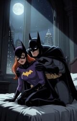 1boy1girl age_difference ai_generated barbara_gordon batgirl batgirl_(barbara_gordon) batman batman_(bruce_wayne) batman_(series) bruce_wayne cape dc_comics gloves leather_clothing male/female masked_female masked_male older_male superhero warner_brothers younger_female