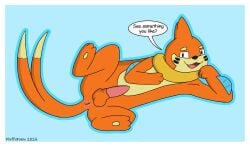 animal_genitalia balls blue_fin border buizel butt countershading erection feral fin fluffyfoxxo fur generation_4_pokemon genitals head_on_hand hi_res male nintendo orange_body orange_fur paws pokemon pokemon_(species) presenting presenting_hindquarters sheath signature solo speech_bubble tail talking_to_viewer tan_body tan_countershading white_border