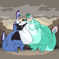 1:1 absurd_res belly belly_overhang belly_squish big_belly blakeroats dragon feeding feeding_another feeding_each_other female hi_res huge_belly kaiju kaijune macro monster morbidly_obese morbidly_obese_female mutual_weight_gain mythological_creature mythological_scalie mythology obese obese_female overweight overweight_female scalie sinfullapis squish