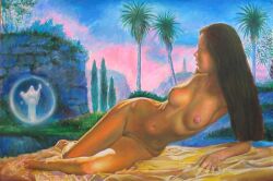 alexey_linkov black_hair breasts expecting greek_mythology laying_down laying_on_bed long_hair long_straight_hair looking_at_another nude nude_female nudity persephone persephone_(greek_mythology) straight_hair tan tan_body tan_skin