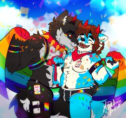 animal_genitalia anthro band-aid bandage briefs bulge bulge_fondling bulge_frottage bulge_rub canid canine canis clothing collar dantalos demon duo g-string genitals hi_res hybrid lgbt_pride lgbt_pride_month male mammal mrdarknesswolf mrdarknesswolf_(character) nipple_covers nipple_piercing nipples piercing pride_color_clothing pride_color_flag pride_colors rainbow rainbow_flag rainbow_symbol romantic romantic_couple sheath spiked_collar spikes underwear vincian_pride_colors wolf