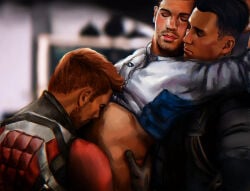 3boys abs bioware gay gay_sex gil_brodie ginger ginger_hair kissing_stomach male male/male/male male_only mass_effect mass_effect_andromeda reyes_vidal scott_ryder shirt_lift shirt_up tan tan_body tan_skin threesome