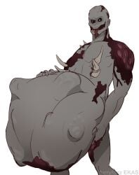 absurd_res ambiguous_gender ambiguous_prey belly big_belly black_eyes blue_pupils body_outline burn_scar claws duo dying_light finger_claws furryfuzz grey_body hi_res holding_belly humanoid implied_fatal male male_pred monster nude pit_(furryfuzz) pupils ribs scar soft_vore spikes spikes_(anatomy) split_jaw struggling struggling_prey tongue tongue_out touching_belly undead unwilling_prey volatile_(dying_light) vore willing_pred zombie