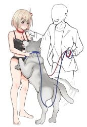 2d baishion bangs blush blushing canine canine_on_human cleavage collar domestic_dog female_on_feral femsub feral feral_on_female feral_on_human human_female human_male human_on_feral human_pet imminent_bestiality imminent_sex interspecies leash leash_and_collar lycoris_recoil medium_breasts nervous nishikigi_chisato pale-skinned_female pale_skin petplay red_eyes reluctant submissive_human underwear zoophilia