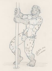 2010 5_fingers 5_toes abs anthony_(yunin) anthro bandana_on_head barefoot beard biped bulge chestnuts_(artist) claws clothed clothing crotch_tuft dancing detailed_bulge durag facial_hair feet finger_claws fingers fur gloves_(marking) humanoid_feet hyena leg_markings line_art looking_at_viewer male mammal markings money_in_thong muscular muscular_anthro muscular_male narrowed_eyes navel pecs plantigrade pole pole_dancing pubes signature smile snout socks_(marking) solo spots spotted_hyena standing stripper stripper_pole thong thong_only toe_claws toes topless traditional_media_(artwork) tuft underwear underwear_only