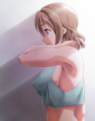 10s 1girl armpits asada_okina bare_shoulders blue_eyes breasts brown_hair covered_erect_nipples crop_top female_focus from_side hand_on_own_neck large_breasts love_live! love_live!_sunshine!! no_bra short_hair sideboob solo tank_top upper_body watanabe_you wavy_hair