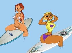 2girls aged_up arms_up ass_cleavage back_view bad_anatomy bangs bare_shoulders big_ass big_breasts big_butt bikini bikini_bottom bikini_top blonde_hair blue_eyes bob_cut busty butt_crack caglioro3666 cleavage curvy dat_ass duo emma_(stoked) erect_nipple female female_only fin_mccloud freckles front_view ginger hand_on_head hands_on_head hourglass_figure human long_hair looking_at_viewer micro_bikini midriff multiple_females multiple_girls nipple_bulge ponytail red_hair short_hair simple_background skimpy smiling spread_legs spreading stoked string_bikini surfboard swimsuit teenage thong tied_hair underboob voluptuous wide_hips yellow_hair yuri