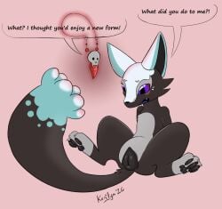 after_transformation animal_genitalia animal_vulva belly black_body black_fur blush blush_lines canid canine canine_genitalia canine_vulva english_text female feral fluffy fluffy_tail fox fur gender_transformation generation_8_pokemon genitals grey_belly grey_paws hi_res jewelry kerilyn leg_markings magic mammal markings necklace nickit nintendo pawpads paws pokemon pokemon_(species) purple_eyes red_background simple_background skull_(marking) socks_(marking) solo spread_legs spreading tail text transformation vulva